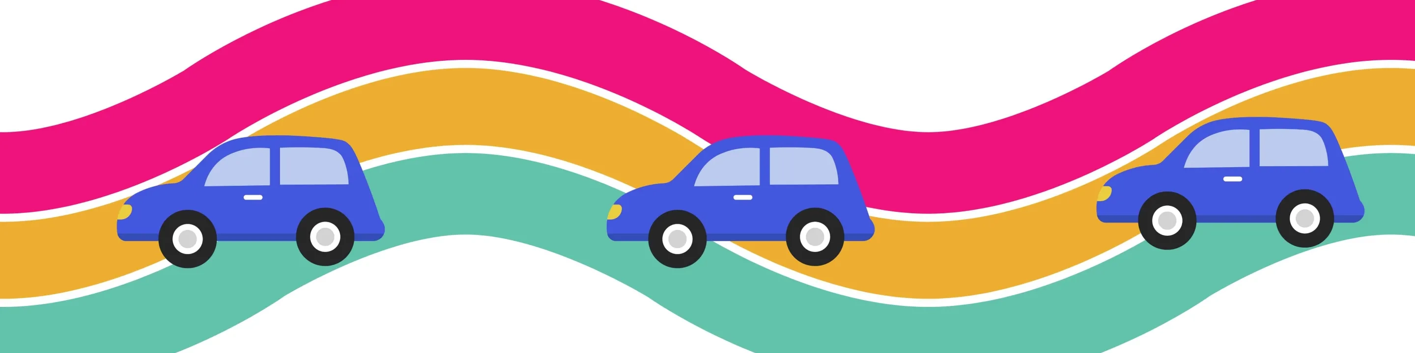 Graphic of car driving along a pink, orange and green rainbow road