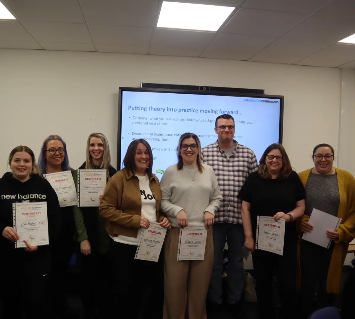 Lead Programme participants pictured in a group phone smiling while holding their certificates