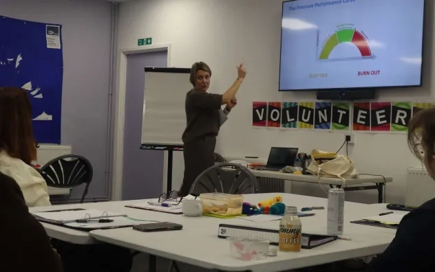 Head trainer on the lead programme gestures to the board while participants look on the. The board shows a graph with pressure performance curve written at the top.