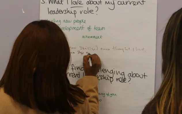 Participant of the LEAD Programme writing answers on a board while the rest of the group watch.