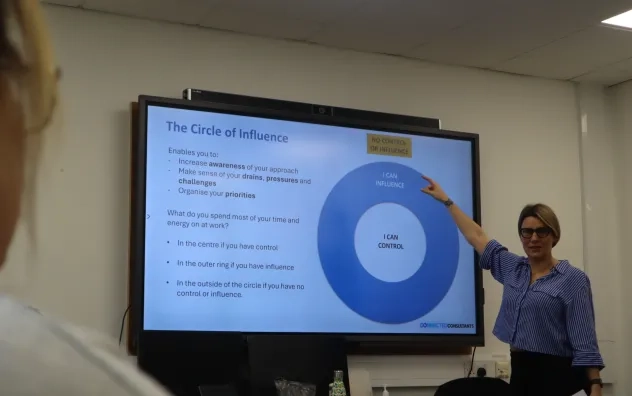 LEAD Programme trainer points to whiteboard as classroom attendee looks on, the whiteboard shows a graph title the circle of influence
